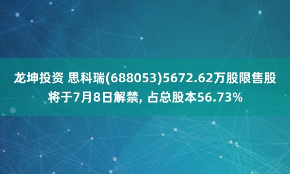 龙坤投资 思科瑞(688053)5672.62万股限售股将于7月8日解禁, 占总股本56.73%